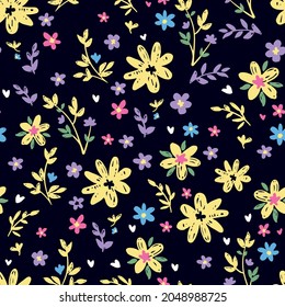 Cute Flowers blue background print for textile. The drawn small flowers beautiful illustration for the fabric. Design ornament pattern seamless. Vector