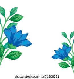 cute flowers blue with branches and leafs isolated icon vector illustration design
