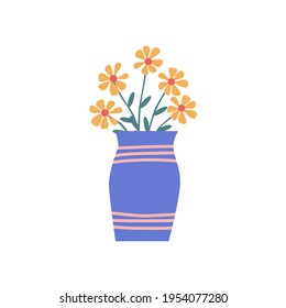 Cute flowers bouquet in violet vase isolated vector illustration.