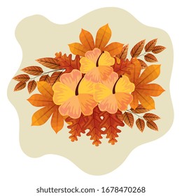 cute flowers with branches and autumn leafs naturals vector illustration design