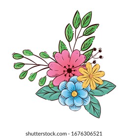 cute flowers with branches and leafs decoration vector illustration design