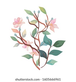 cute flowers with branches and leafs isolated icon vector illustration design