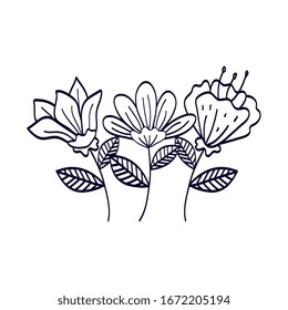 cute flowers with branches and leafs line style icon vector illustration design