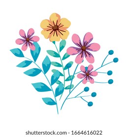 cute flowers with branches and leafs vector illustration design
