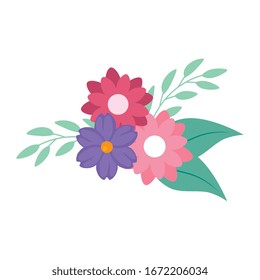 cute flowers with branches and leafs vector illustration design