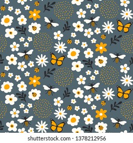 Cute flowers and bugs seamless pattern - Cartoon bugs, plants, herbs, flowers - Childish design for wrapping paper and textile