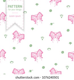 Cute flowers and butterflies seamless pattern on white background. Pretty nature style fashion illustration