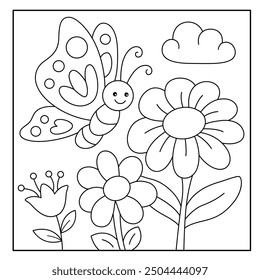 Cute flowers and butterfly coloring page for kids