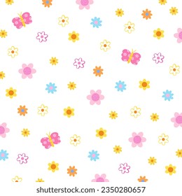 Cute flowers and butterfly pattern for floral background, summer wallpaper, sweet fabric print, floral banner, social media post, poster, ad template, nature and garden backdrop, fruit background