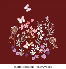 cute flowers and butterfly t-shirt graphic design vector illustration 