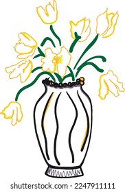 cute flowers in ceramic vase on white background. Vector hand-drawn illustration. Perfect for cards, decorations, logo.