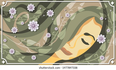 cute flowers of different sizes on a background of branches with leaves and overlapping colorful shapes with wavy edges, forming an abstract portrait of a girl in a white frame. author's work. vector