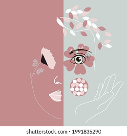 cute flowers of different sizes on a background of branches with leaves and overlapping colorful shapes with wavy edges, forming an abstract portrait of a girl in a white frame. author's work. vector 