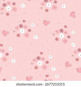 Nette Blumen in verschiedenen Größen in rosa und weißen Farben, Herzen, Punkte auf rosafarbenem Hintergrund. Vektorgrafik zum Einwickeln von Papier, Valentinstag, Karte, Stoff.