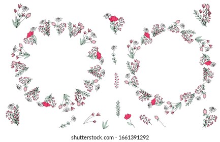 Cute flowers in doodle style. Set of wreaths, small bouquets, branches and elements of delicate multi-colored simple flowers on a white background. Hand drawing. Isolated objects.