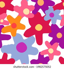 Cute flowers doodles hand drawn vector seamless pattern. Spring, summer colored cartoon ornament. Cottagecore simple floral design for print, fabric, textile, background, wallpaper, wrap, card, decor.