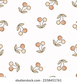 Cute flowers and dots. Floral leaf. Abstract cartoon seamless pattern. Texture for card, fabric, wrapping, textile, wallpaper, background, paper gift, scarf, phone case, wrapping.