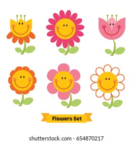 Cute flowers emoticon set. Funny flowers collection. Vector illustration