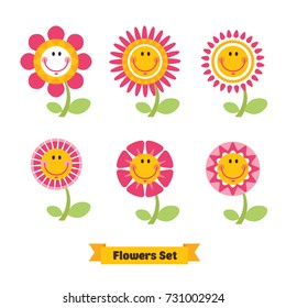 Cute flowers emoticon set. Funny flowers collection. Vector illustration