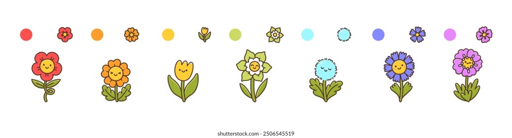 Cute flowers with faces, in rainbow colors red, orange, yellow, green, light blue, blue, purple. Can be used for children's educational materials for learning colors. Set or collection. Vector
