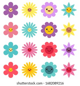 Cute Flowers with Faces Vector Illustrations on White