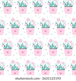 Cute flowers in a flower pot seamless pattern in pink and green isolated on white background.Spring floral with polka dots repeat pattern.Vector graphic illustration in cute pastel colors.