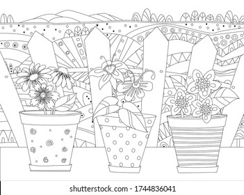 cute flowers in flowerpots against rural landscape with fence. growing flowers for your coloring book