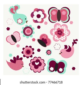 Cute Flowers & flying Butterflies Vector EPS 10