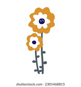 Cute flowers in folk Scandinavian style, isolated vector illustration. Adorable design element for craft products packaging, children goods and cards.