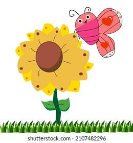 Cute flowers and  funny bugs hand drawn. Childish design for wrapping paper and textile,t shirt