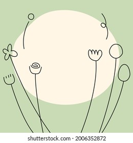 Cute flowers and grass flowers doodle on pastel green background with copy space