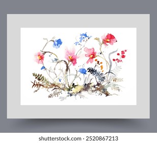 Cute flowers growing in clearing with thin crooked stems, on watercolor poster in abstract style. Spring flowers cornflowers and poppies for design of botanical book and literature about floriculture