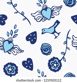 Cute flowers, hearts and birds folk art seamless vector pattern in blue and white. Great for textiles, stationery, kids fashion, home decor, gift wrapping paper, print on demand and scrapbooking.