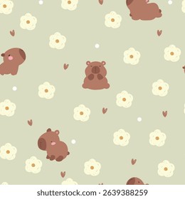 Cute  flowers, hearts, dots and capybara, seamless pattern.	
