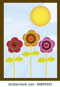 cute flowers with hearts over sky with sun background. vector