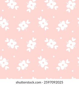 Cute flowers and hearts seamless pattern. Simple floral vector seamless pattern on pink background. Girly print. Perfect for clothing, textile, fabric, apparel, wallpaper, wrapping paper and so on