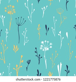 Cute flowers and herbs seamless pattern over blue background