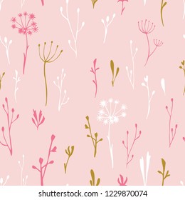 Cute flowers and herbs seamless pattern over pink background