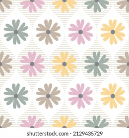 Cute flowers and horizontal stripe seamless pattern. Spring floral geometric pattern.