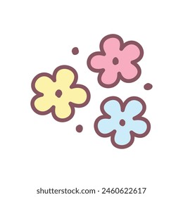 Cute flowers icon. Hand drawn illustration of three daisies isolated on a white background. Kawaii sticker. Vector 10 EPS.