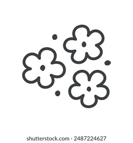 Cute flowers icon. Hand drawn monochrome illustration of of three daisies isolated on a white background. Kawaii sticker. Vector 10 EPS.