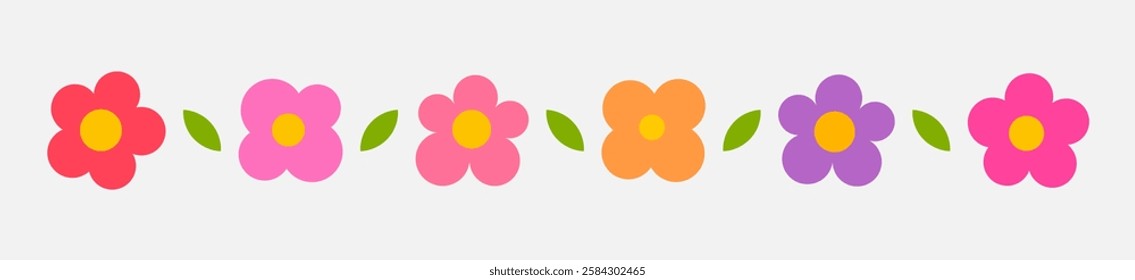 Cute flowers icons border. Cartoon flowers set. Vector illustration.