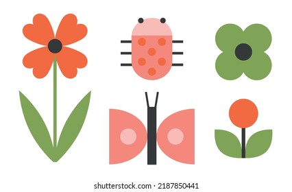 Cute flowers and insects little set design. Children applique scheme.Vector illustration.