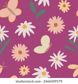 Lindas flores, insectos Vector patrón sin fisuras. Adorno simple para diseños infantiles.