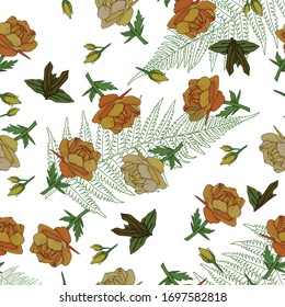 Cute flowers isolated on white. Template with of stylized herbs and flowers, seamless background with brown flowers, daisies