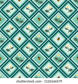 Cute flowers with ladybug seamless repeat pattern on pastel geometric background,design for fabric,textile,print or wrapping paper