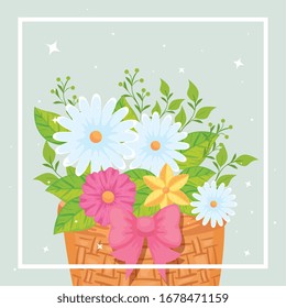 cute flowers with leafs in basket wicker vector illustration design