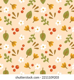 Cute flowers leafs forest nice seamless vector pattern