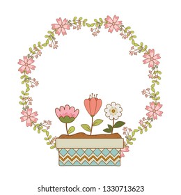 cute flowers and leafs in pot with crown
