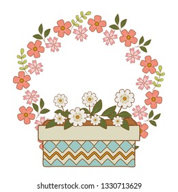 cute flowers and leafs in pot with crown